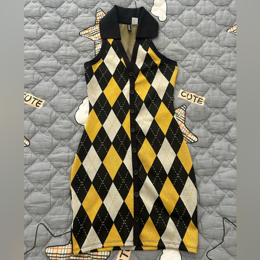H&M Argyle Button-Up Mini Dress - Black, Yellow, White